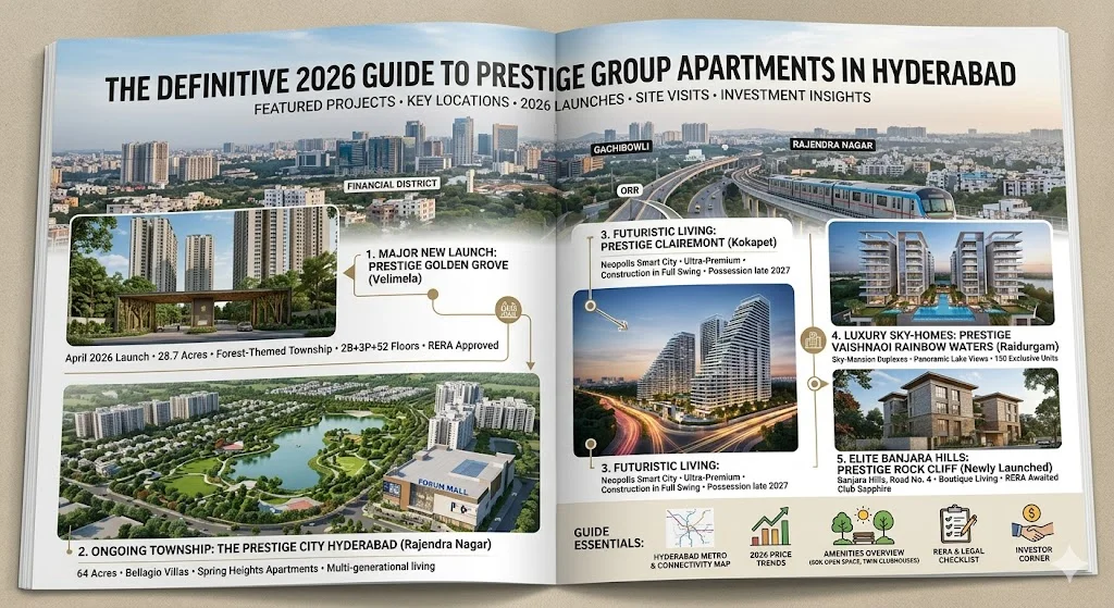 Panoramic skyline of Hyderabad highlighting prime real estate locations for top Prestige Group apartment projects in 2026